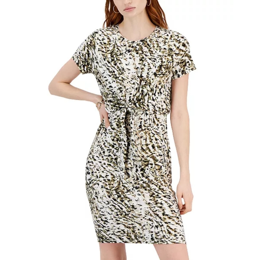 I.N.C. International Concepts Printed Tie-Front Dress in Audrey Animal Print M